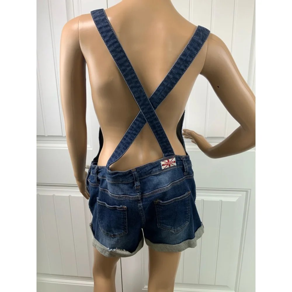 Machine Dark Wash Denim Overalls Shorts‎ Blue Distressed Lg Cabincore Fisherman